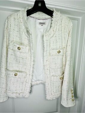 Nanette Lepore White Tweed Fringe Jacket with Gold Buttons, XL